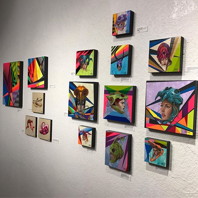 Center | Left main wall view of the collab and solo works by  @tony_philippou and @montymontgomery from the #kaleidoskull exhibition at @redefinearts in @orlando . The original @kaleidoskullart exhibit opened in 2017 and new works are coming to life 