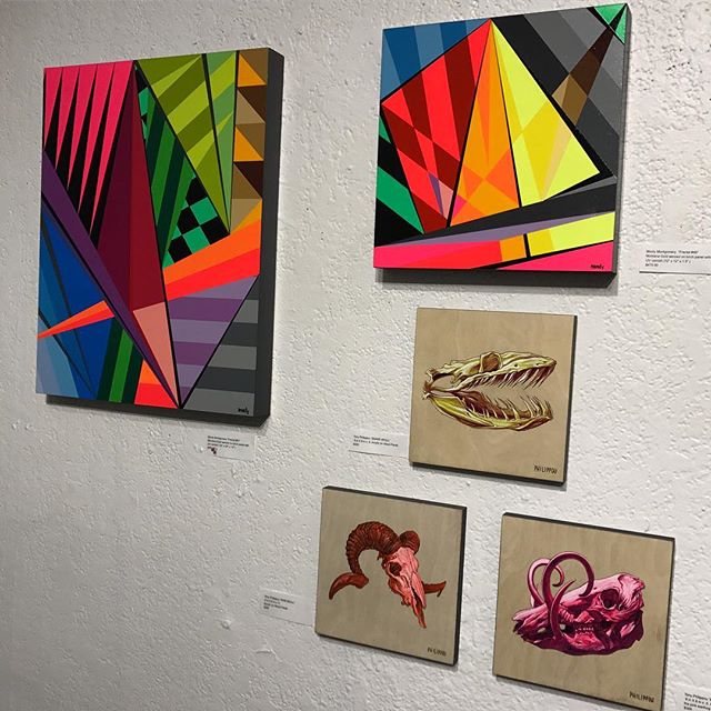 Left wall view of two @montymontgomery solo works and three @tony_philippou solo works from the #kaleidoskull exhibition at @redefinearts in @orlando . The first @kaleidoskullart exhibit opened in  March 2017 and the duo is currently working on new p