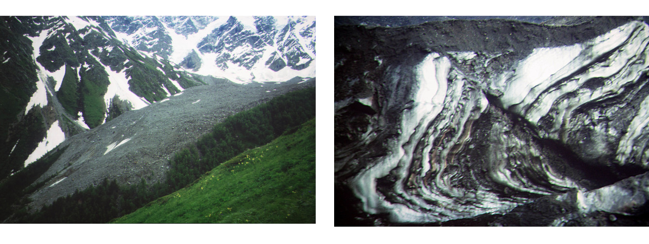 The image on the left is a debris glacier and on the right is an example of permafrost layers within a glacier.
