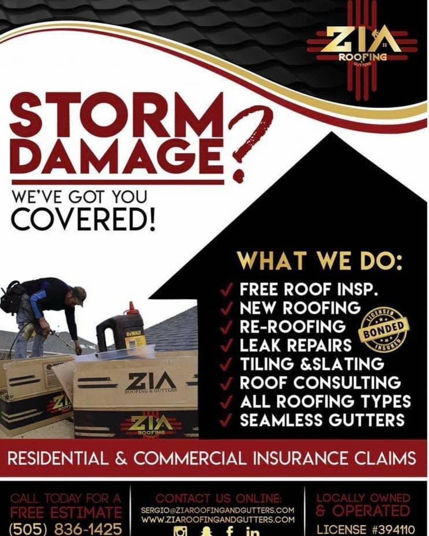 Storm damage got you down? No need to fear Zia Roofing is here! Let Zia lift your spirits with a complementary roof inspection! Our experts will guide you through the process of getting a BRAND NEW roof covered by your insurance with minimal out of p