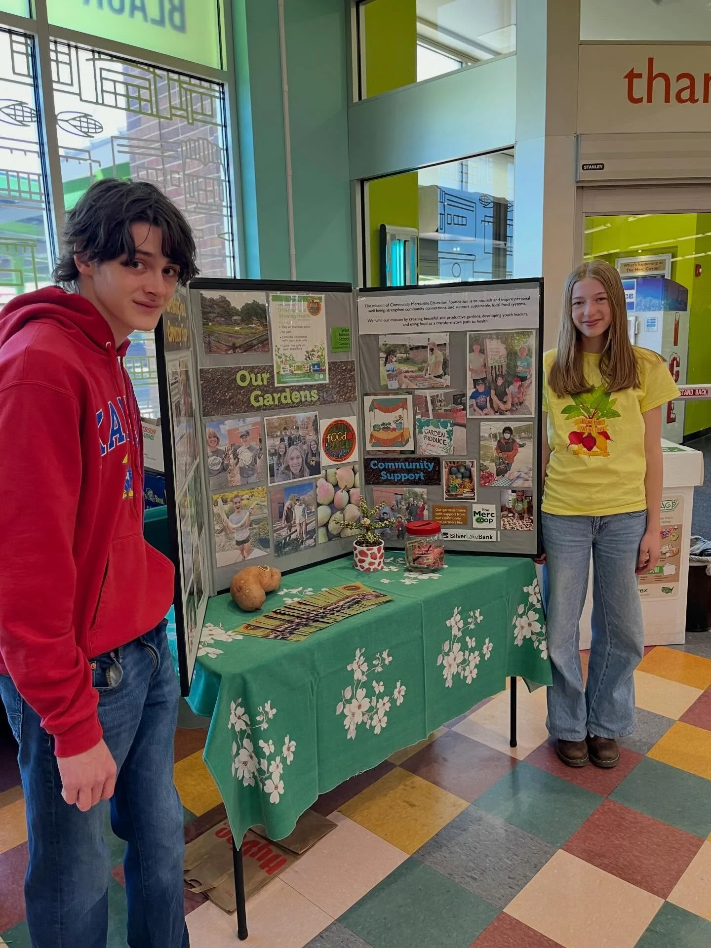 Student Gardeners Felix and Ellen staffed a table for Growing Food Growing Health at the Merc Co+op today. We are grateful to be the Change recipient for the whole month of April. Each time you shop this month you can round up to help support our wor