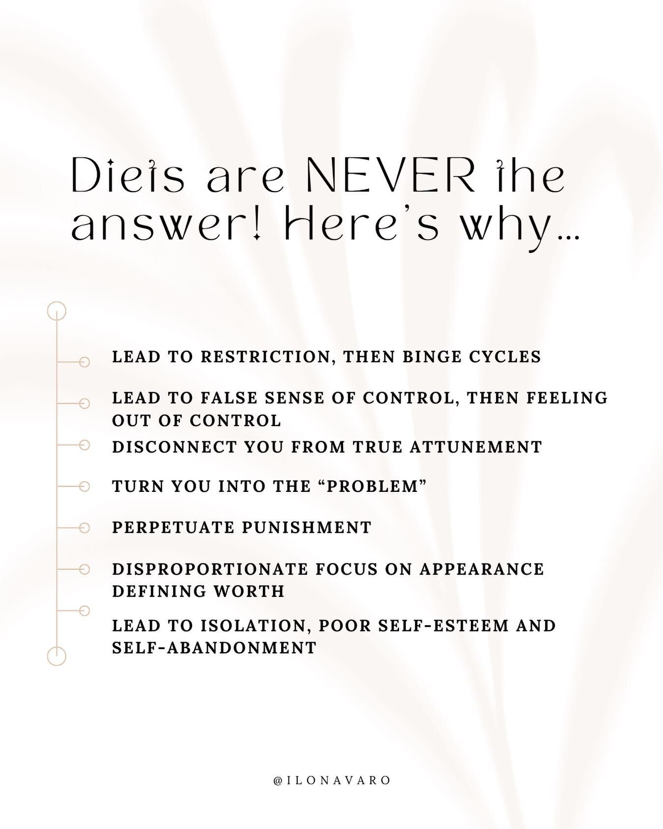 Diets stem from the idea there is something wrong with you or how you look. 

Diets emphasize size, shape, and physical appearance to be the end all be all to your problems.

Diets perpetuate disconnection from your body, needs and desires.

Diets pr