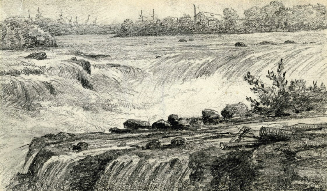 This pen and ink drawing of Chaudière Falls is part of the Toronto Public Library’sarchives.