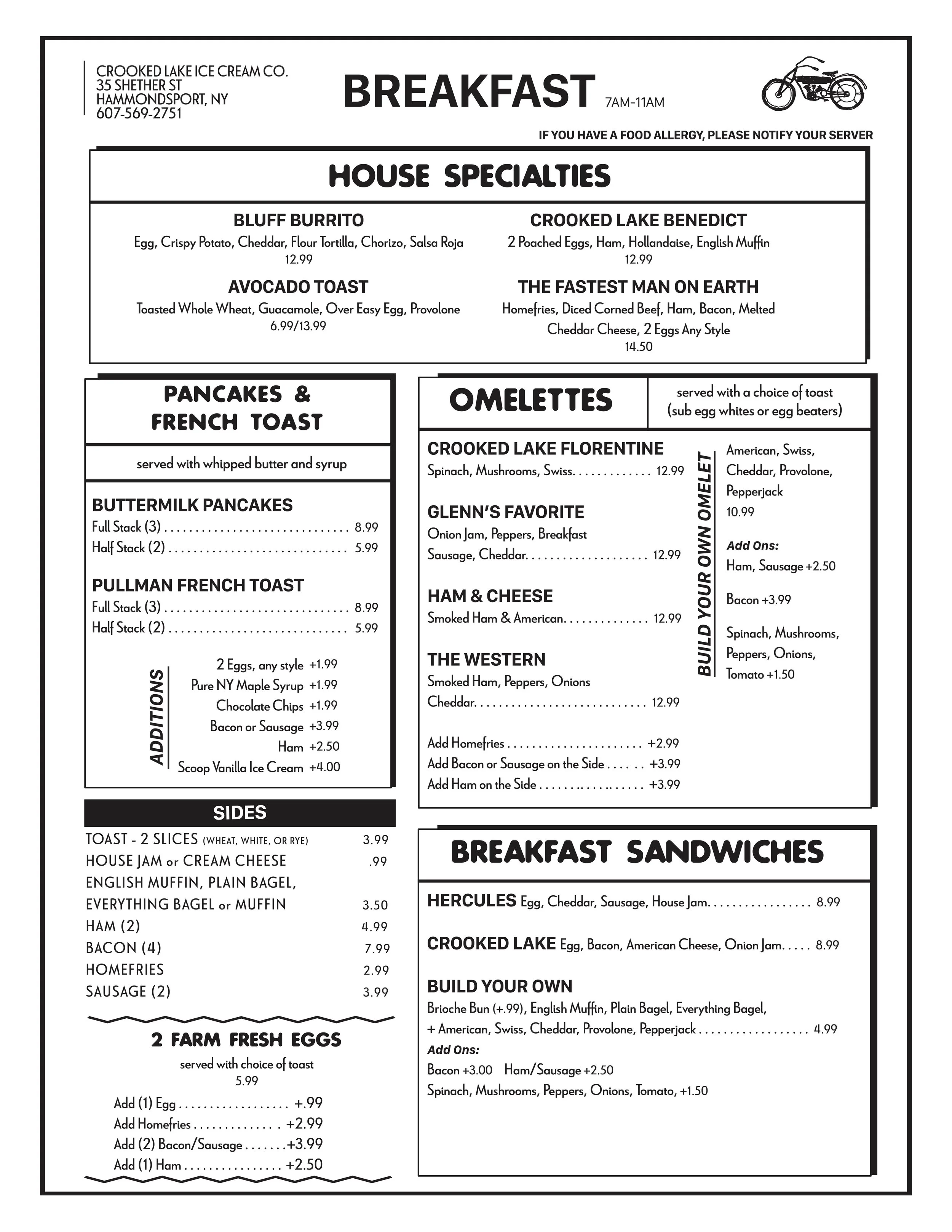 Crooked Lake Breakfast Menu - Summer 2026 with House Specialties, Pancakes & French Toast, Omelettes, Breakfast Sandwiches, and Sides and Eggs