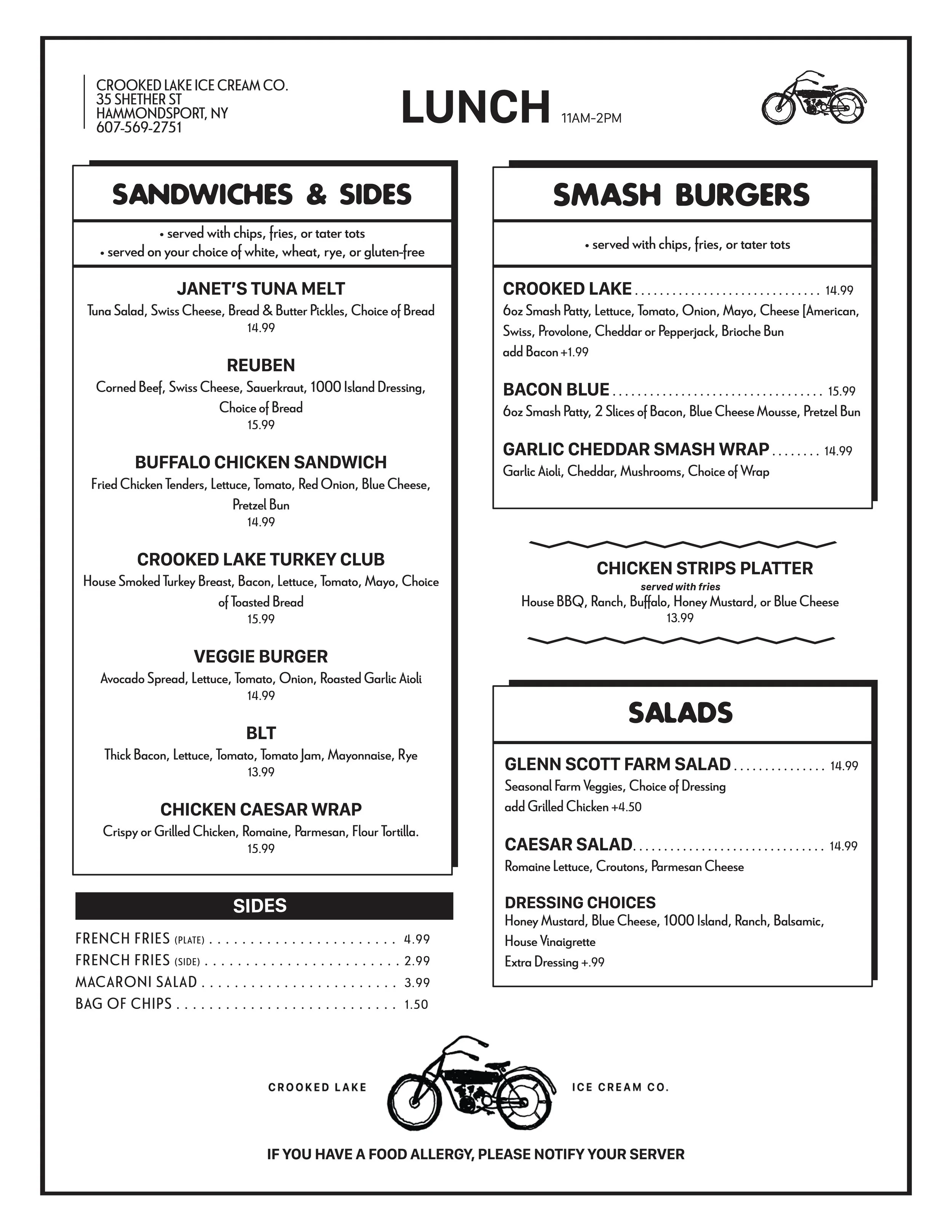 Crooked Lake Lunch Menu - Summer 2026 with Sandwiches, Smash Burgers, Chicken Strips, and Salads