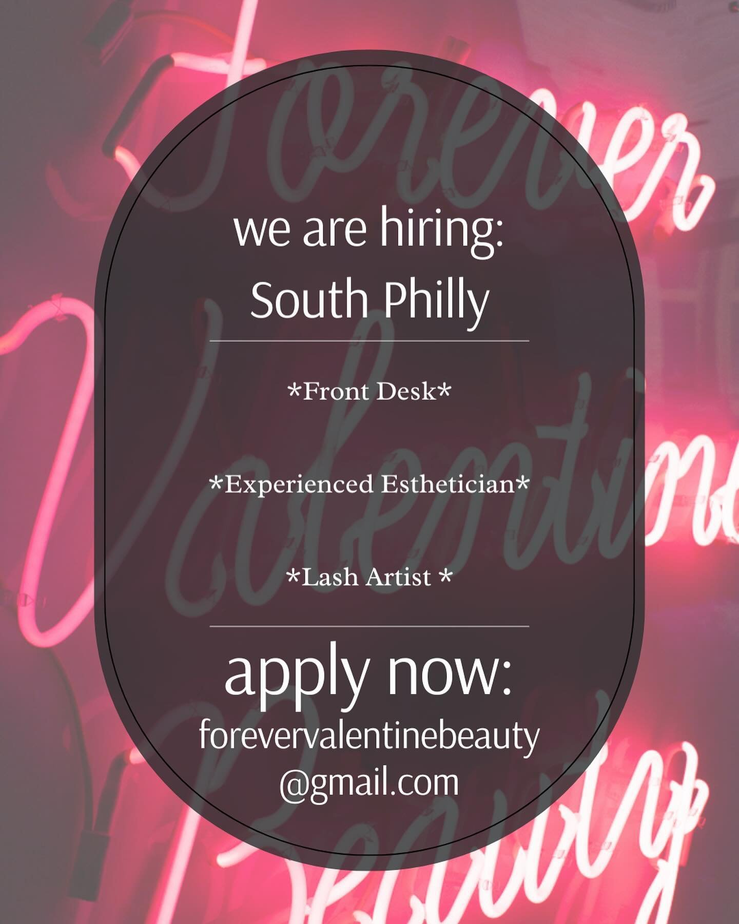 *Hiring*

Looking to grow our team a little more!!

If you think you are a good fit please email your resume (social @ also) to:

Forevervalentinebeauty@gmail.com