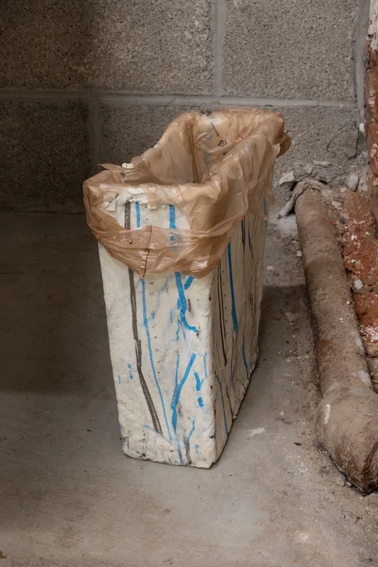 Chris Zacher Wastepaper basket , 2018 Papier-mâché, shopping bag and duct tape 12 x 12 x 6 inches