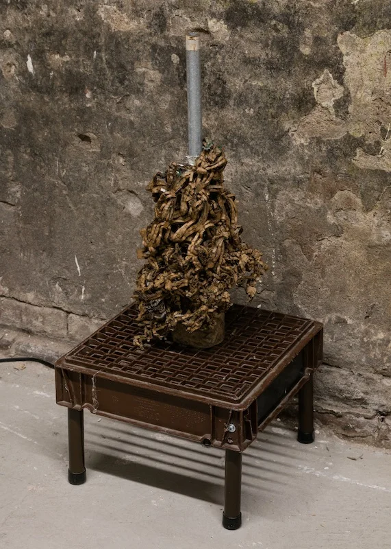 Chris Zacher Table with flower , 2018 Milk crate, aluminum, plumbing pipe, cardboard, papier-mâché and fleece 13 x 13 x 30 inches