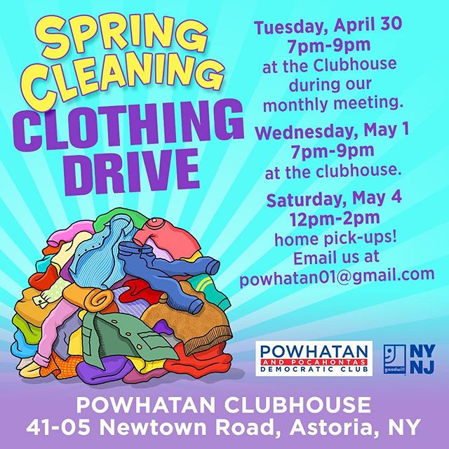 Our Spring Cleaning Clothing Drive starts tomorrow. Join us at our general body meeting tomorrow at 7pm where you&rsquo;ll be able to drop off clothes. We also have drop off times on Wednesday, May 1 at the clubhouse. If you need us to pick up your c