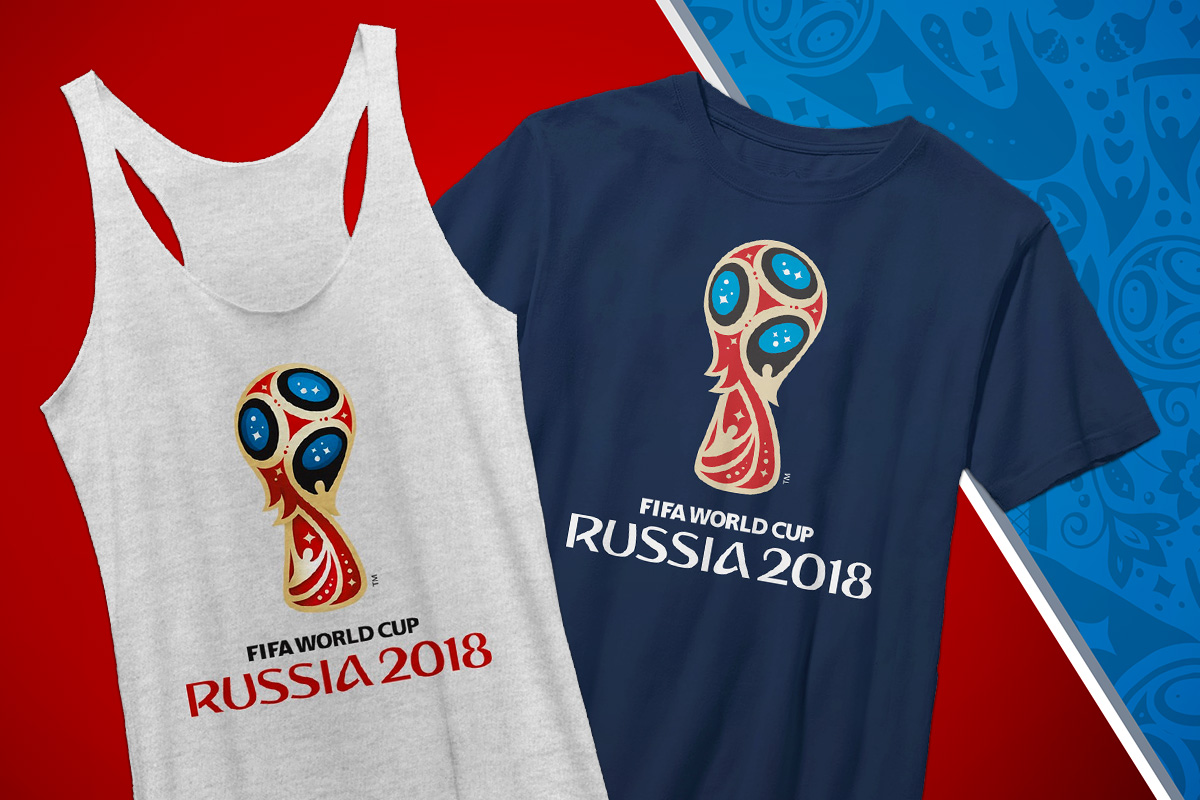 Photo of gray tank top and navy t-shirt with "FIFA World Cup: Russia 2018" and logo printed across the front