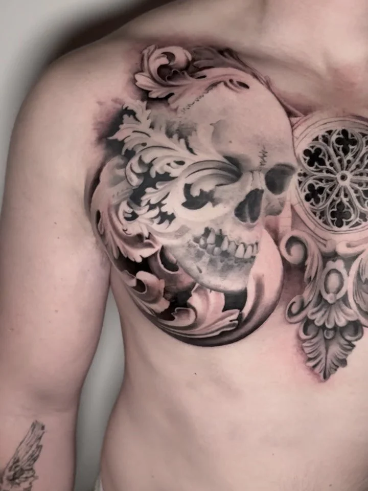 O R N A T E 

A very challenging and fun piece to do.
Note the tattooed nipples, solid sitting from @fettyyapp No numbing cream, no bitching, he just iced it out. 

Done at @thinkstudio_bristol 

#blackandgreytattoo #tattoosformen #chesttattoo #brist