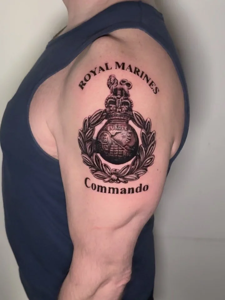 G &amp; L
-
I always love doing the globe and laurel as a cap badge, this was a cover up also if you swipe to see the final slide. 
-
#royalmarines #bootneck #blackandgreytattoo #realismtattoo #veteran 
-
Done at @thinkstudio_bristol