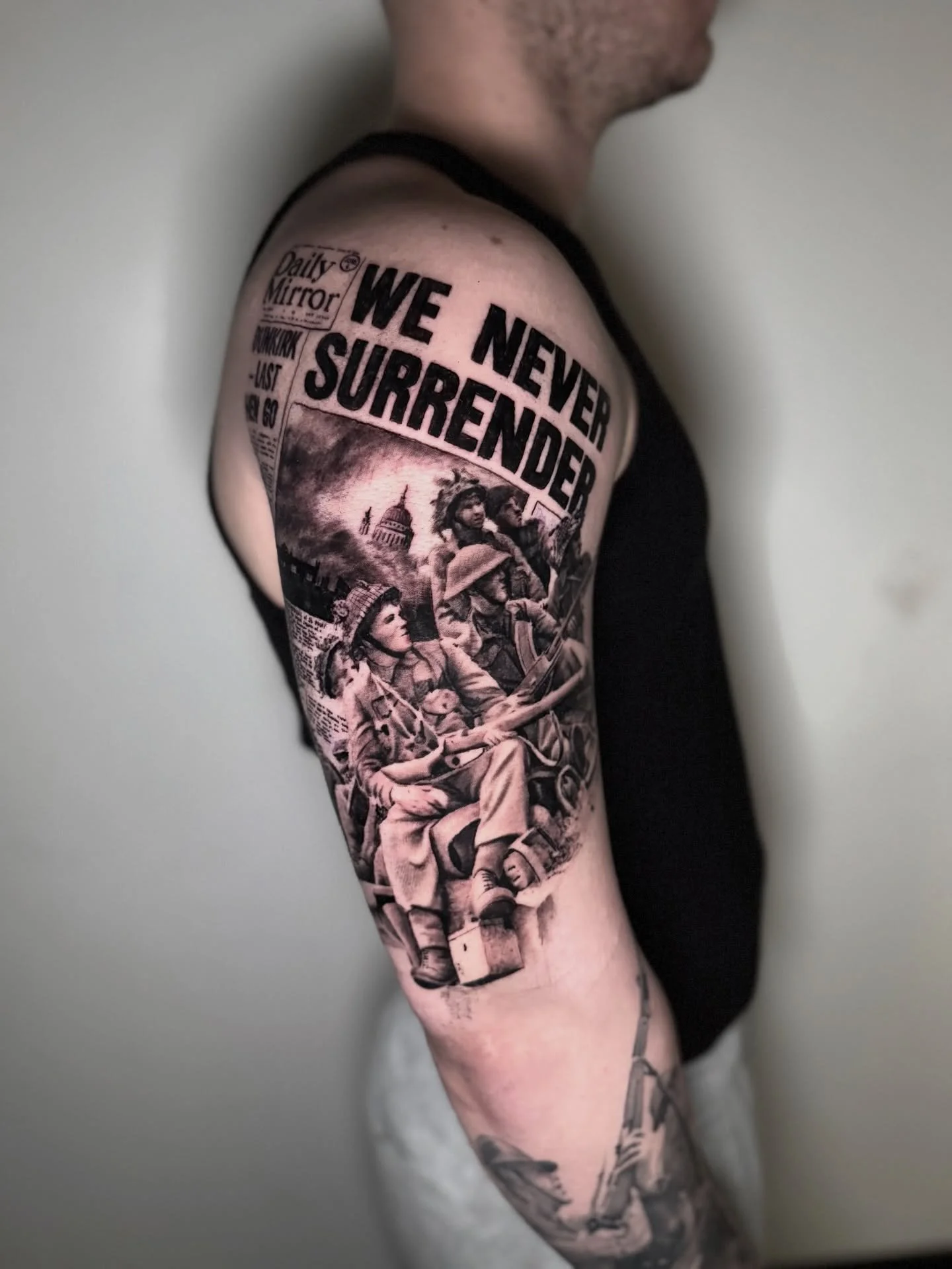 N E V E R  S U R R E N D E R 

A few more hours to complete this outer sleeve.
Booking for Sept/Oct.
Done at @thinkstudio_bristol 

#dday #ww2 #blackandgreytattoo #veteran #royalmarines