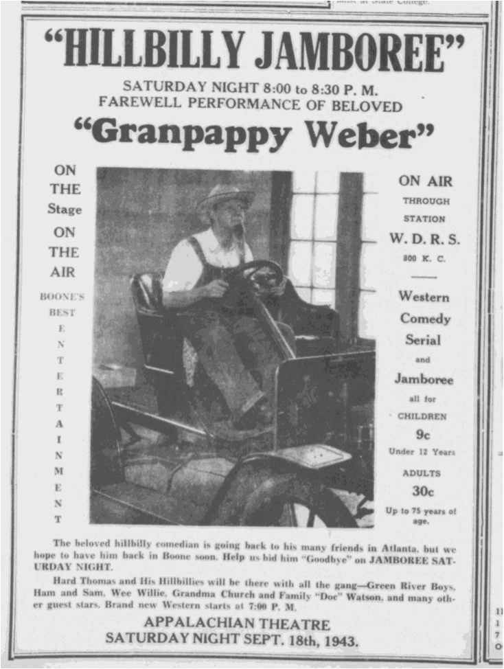 Advertisement for the Hillbilly Jamboree from the September 9, 1943, issue of the Watauga Democrat.
