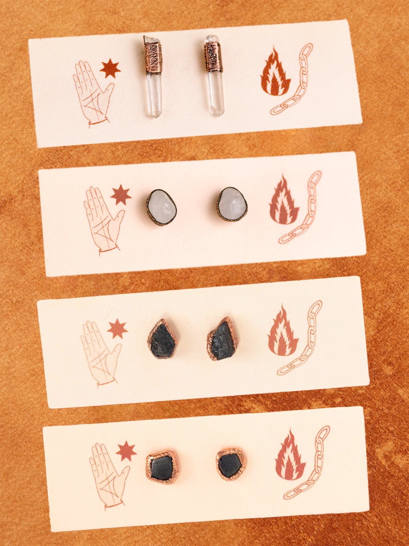 CRYSTAL STUDS ✸ QUARTZ, ROSE QUARTZ, TOURMALINE, ONYX