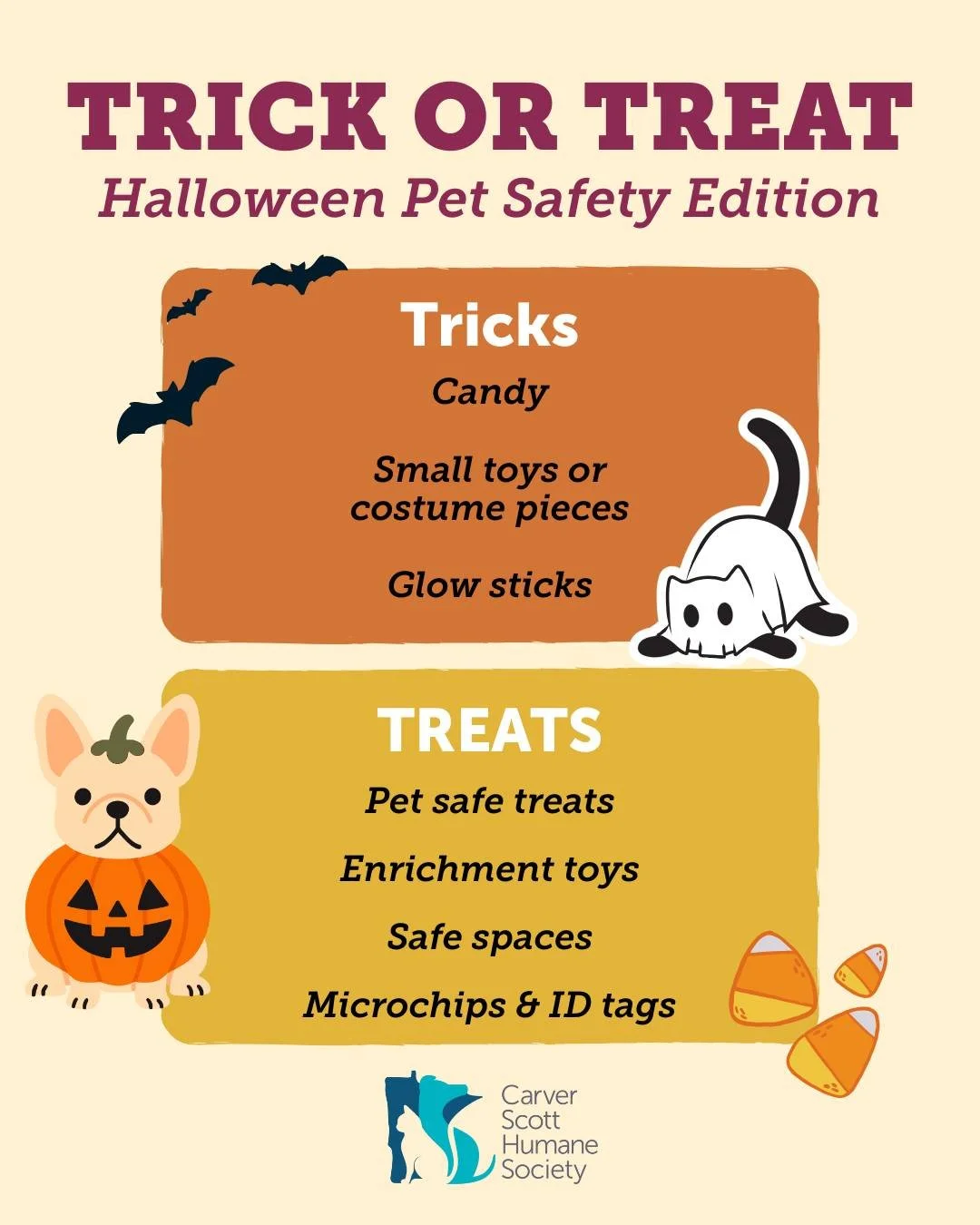 🎃👻 Halloween Safety Tips for Pets! 🐾

With Halloween right around the corner, it&rsquo;s a fun (and busy!) time filled with costumes, candy, and plenty of doorbell rings. But for our furry friends, it can also be a bit stressful &mdash; and even h