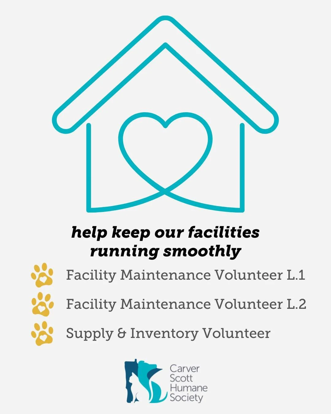 🛠️ We need helping hands behind the scenes! 

Our animals rely on more than just love. They rely on a safe, well-run facility too! We&rsquo;re looking for dependable volunteers to support our daily operations in these key roles:

🔧 Facility Mainten