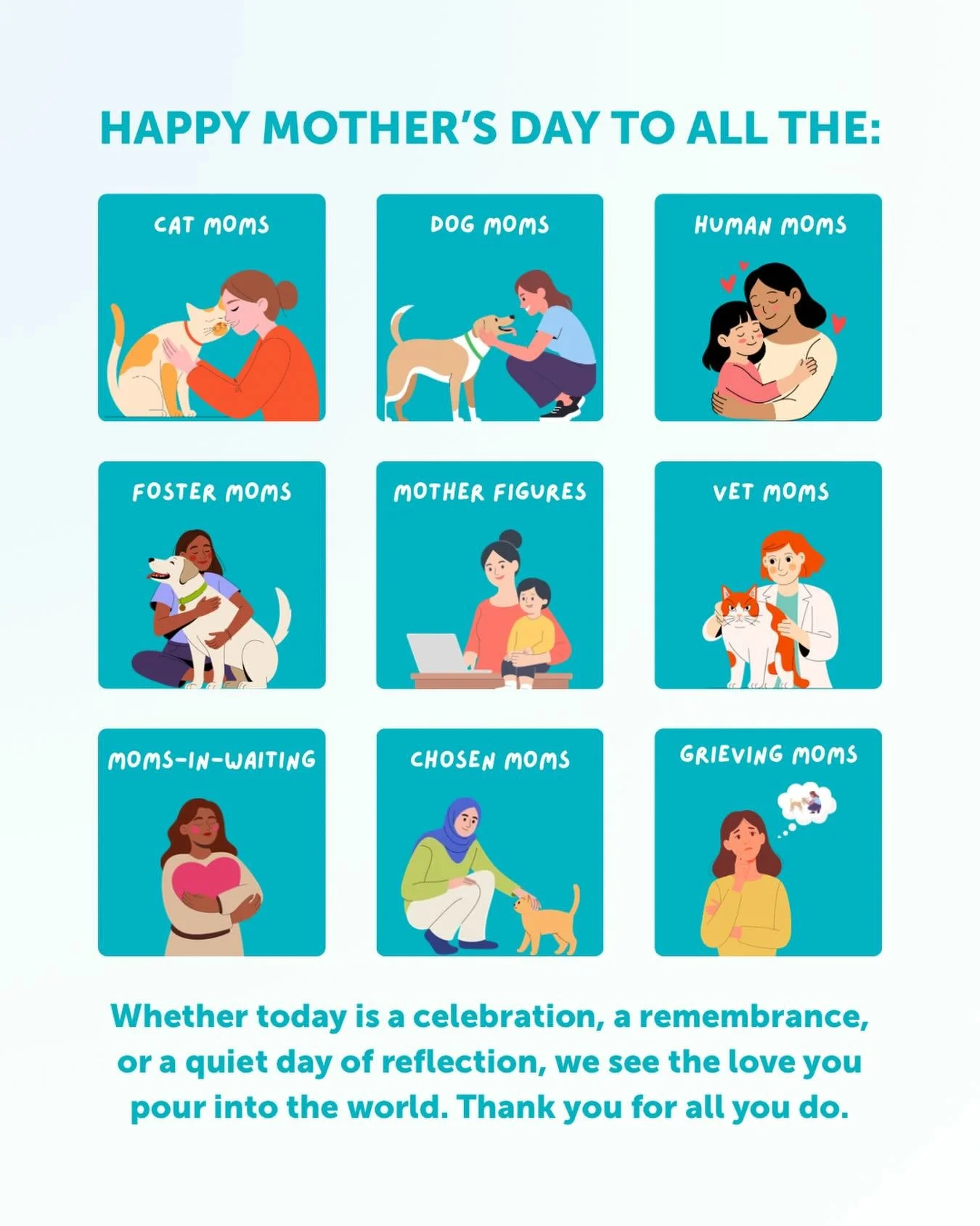 Happy Mother&rsquo;s Day 🌸

Today we especially want to acknowledge all the foster moms and volunteers who are moms that are the backbone of our work. We could not do it without you. You provide the grit and grace our animals need as they begin thei