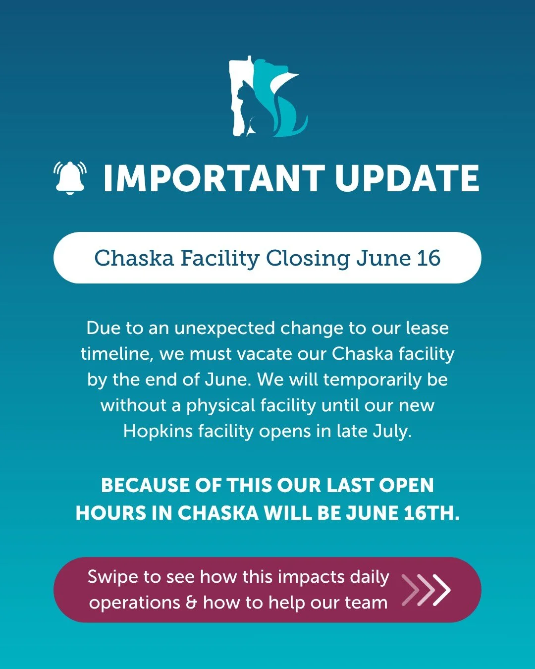 We are writing to share some important changes about our upcoming move. Due to an unexpected change to our lease timeline, we must vacate our Chaska facility by June 30th. At the same time, construction continues on our new Hopkins facility, with a t