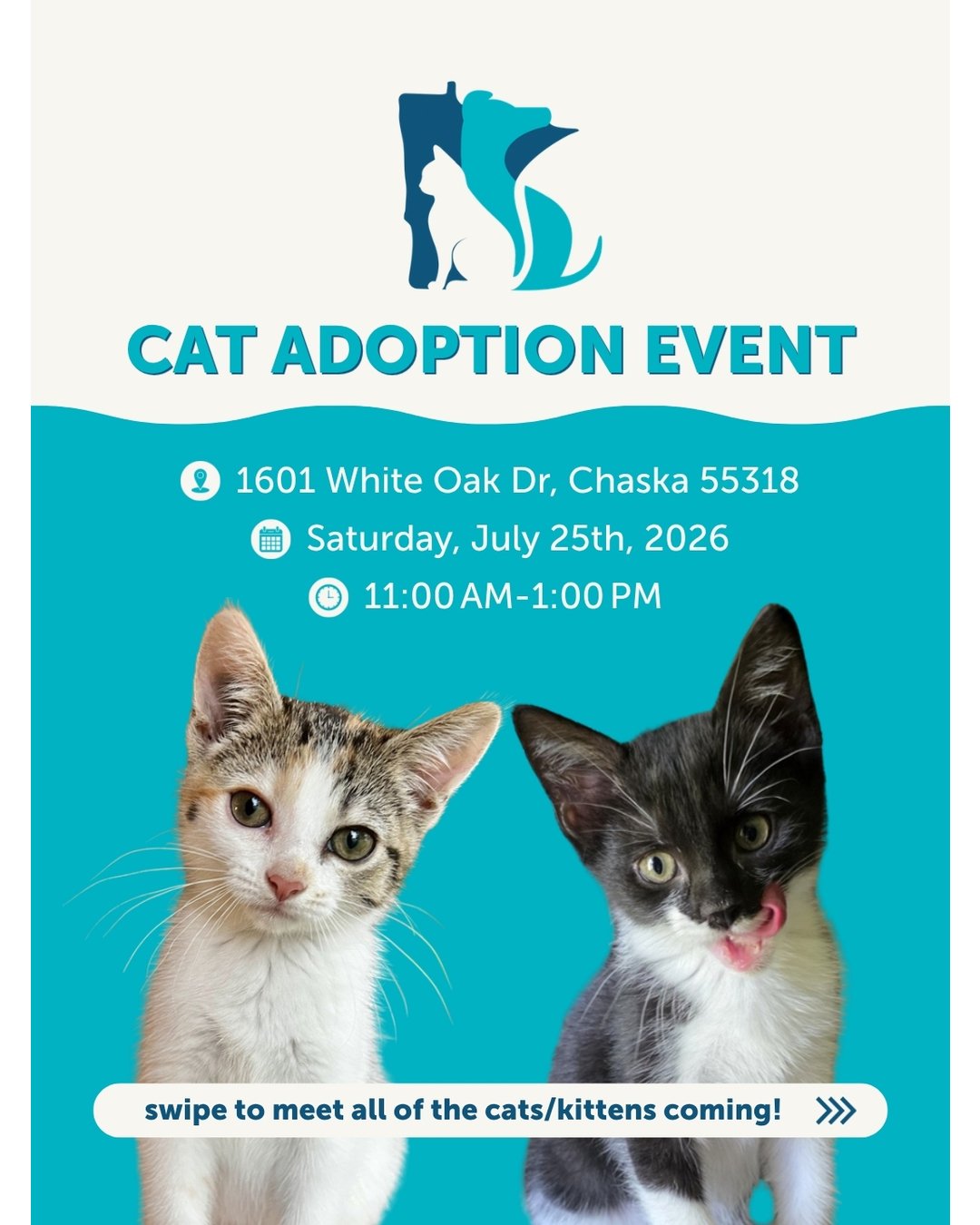 We aren't kitten around, this weekend is going to be HUGE! 🐾

This adoption event is your absolute best opportunity to meet all the kittens and cats in our care in person, all at once! We will have 24 cats ready to find their people.

👉 Just swipe 