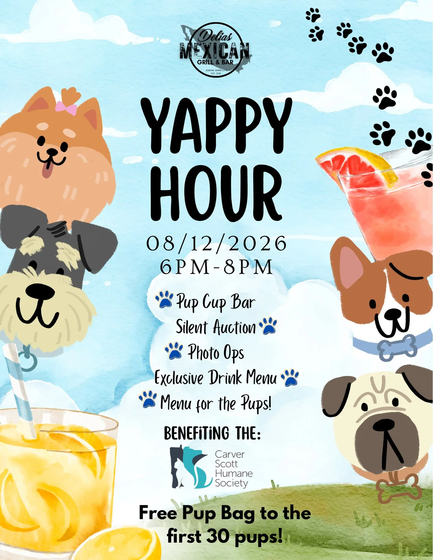 Only one week until a tail-waggin' good time! 🐾

Join us next Wednesday, August 12th from 6:00 PM &ndash; 8:00 PM for Yappy Hour at Delia&rsquo;s Mexican Grill &amp; Bar (209 Broadway St S, Jordan, MN)! It&rsquo;s the perfect excuse to treat your pu