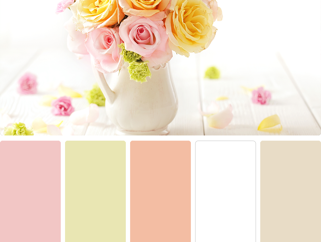 Sherwin Williams – Bella Pink (SW 6596), Sherwin Williams – Springtime (SW 6708), Sherwin Williams – Certain Peach (SW 6625), Sherwin Williams – High Reflective White (SW 7757), Sherwin Williams – Antique White (SW 6119)