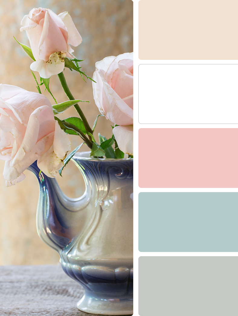 Sherwin Williams – Choice Cream (SW 6357), Sherwin Williams – High Reflective White (SW 7757), Sherwin Williams – Bella Pink (SW 6596), Sherwin Williams – Watery (SW 6478), Sherwin Williams – Tinsmith (SW 7657)