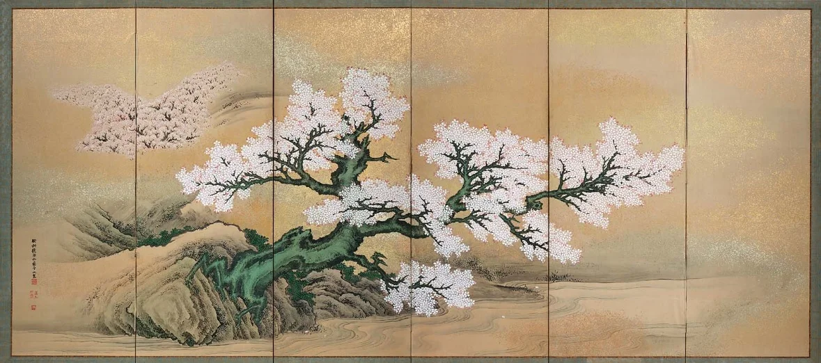 Flowering Cherries in Art: Cherry Blossoms and Stream by
