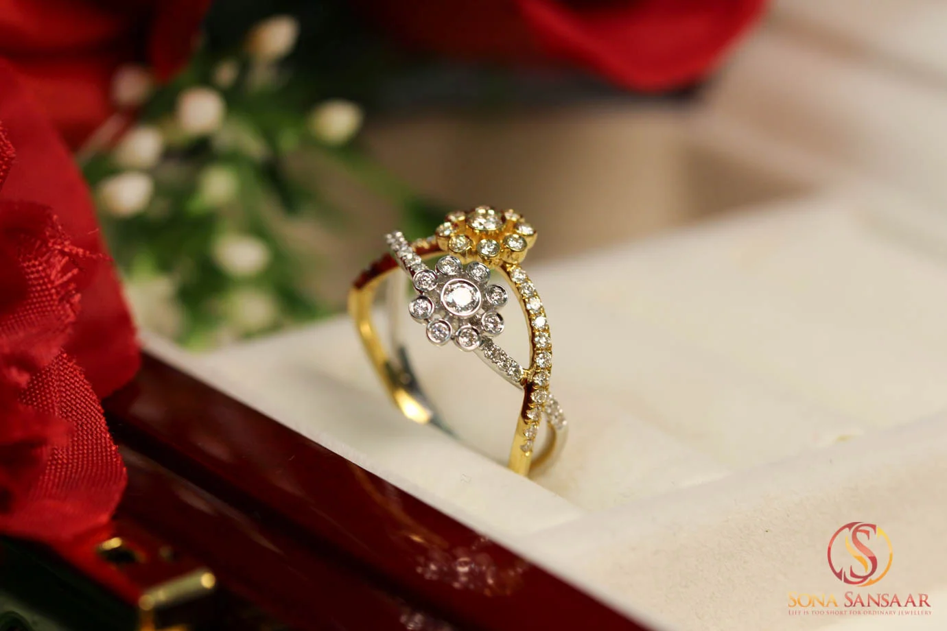 Twisted Two-Tone Flower Diamond Dress Ring