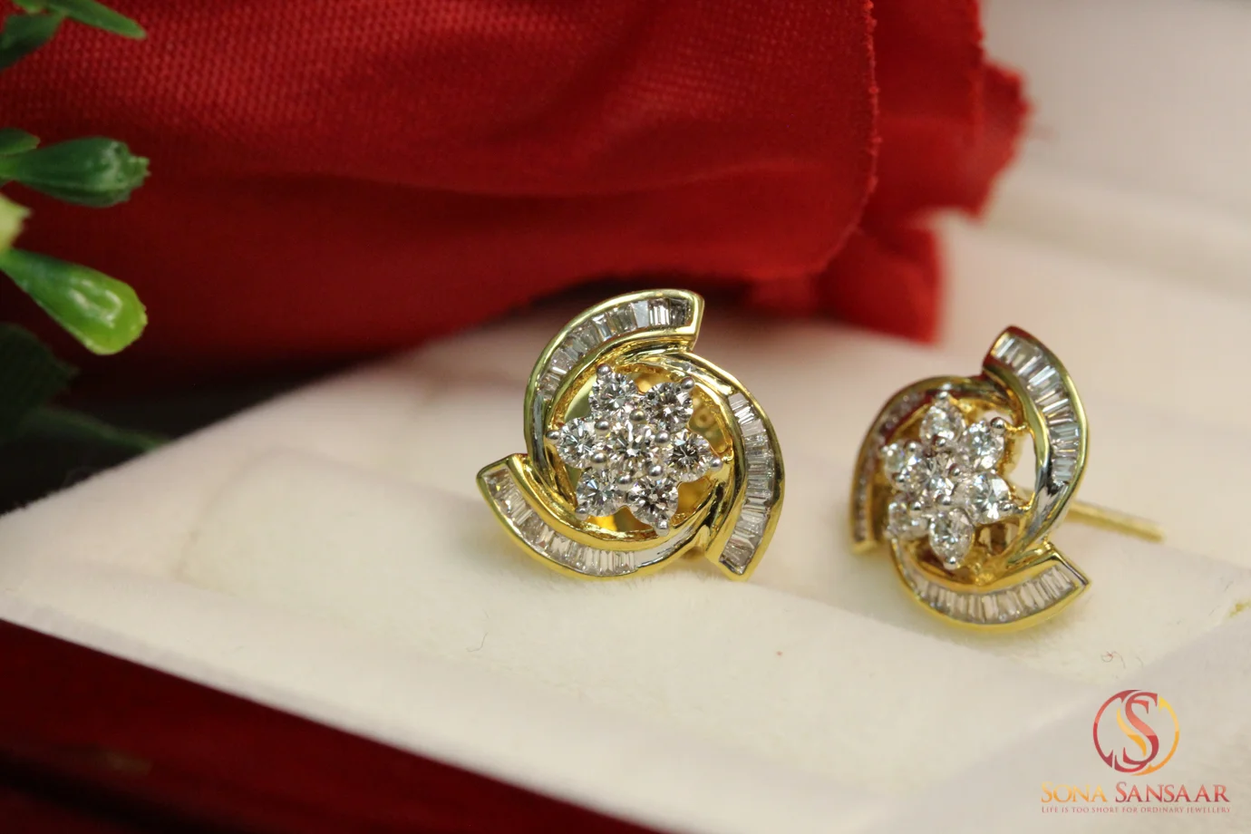Round &amp; Baguette Diamond Stud Earrings