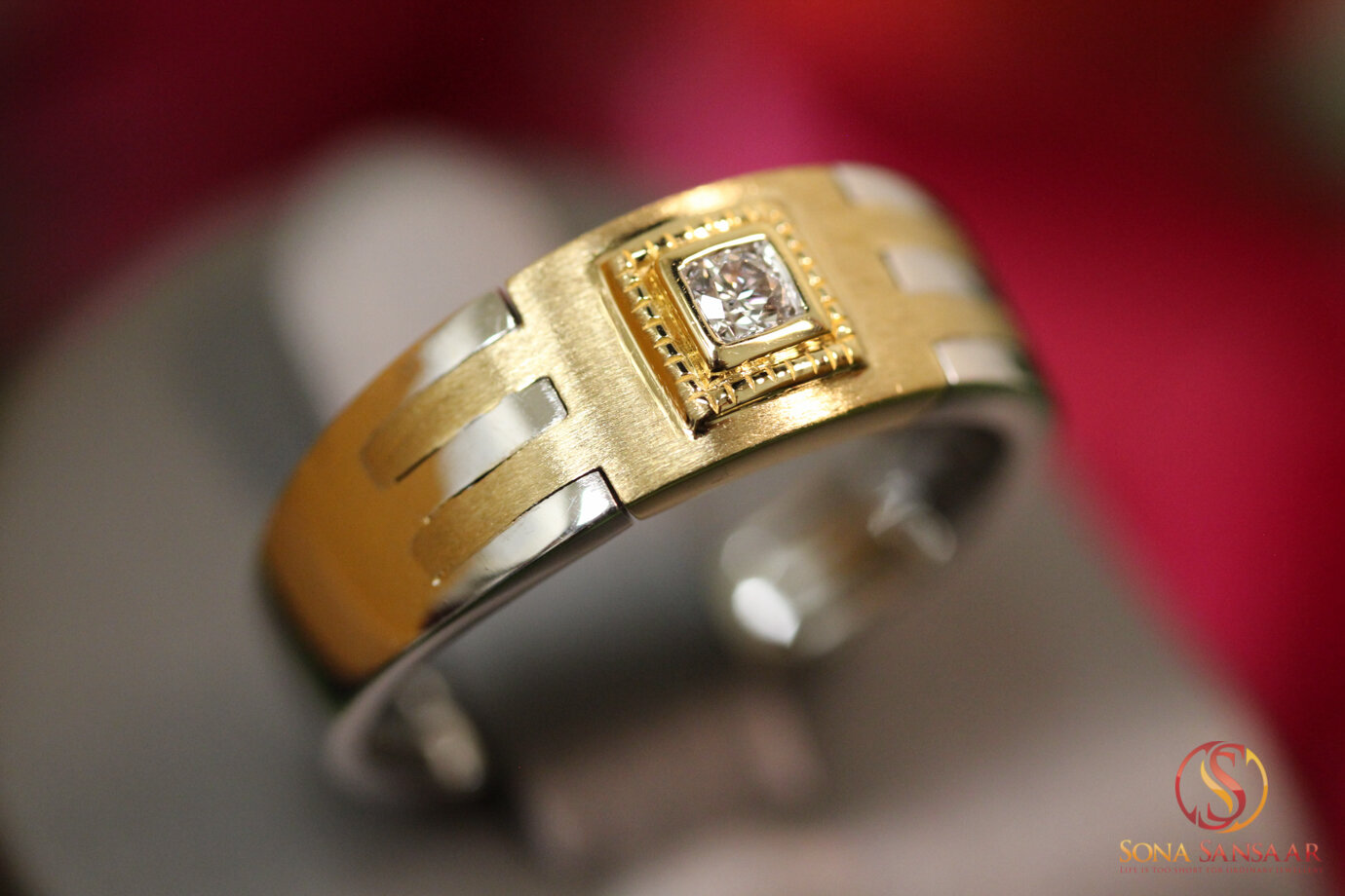 Two-Tone Signet Style Dress Band with Diamond Stone