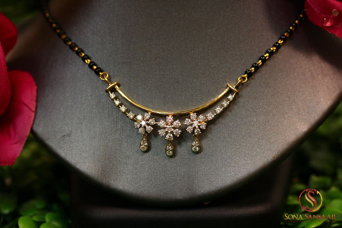 Three Flower Petal Droplet Diamond Mangalsutra