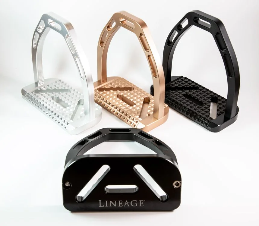 Lineage Equine stirrups come in a range of colors, including silver, rose gold, black, blue and red.