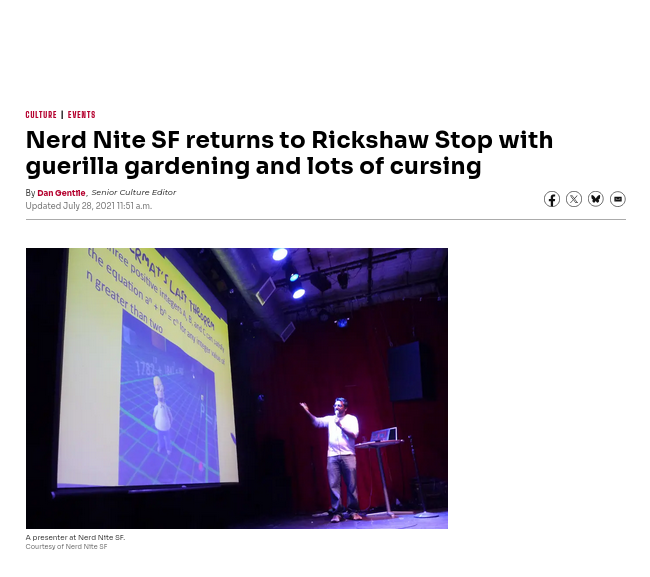 SFGATE, Nerd Nite SF returns to Rickshaw Stop with guerilla gardening and lots of cursing, 2021