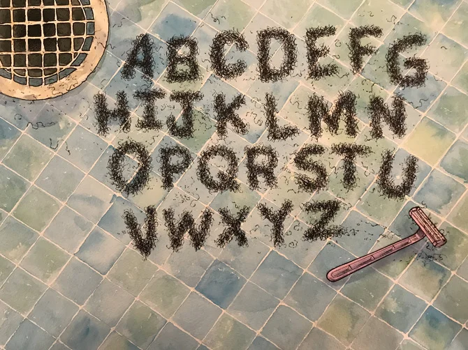 Created an original font using one pube at a time. Ink and gouache 