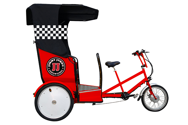As customers approach select stores they’ll be greeted outside and asked if their meal is for here, to go, or if they’d like to “roll out”. To “roll out” the order is taken right there as the customer enters the pedicab. It’s quickly brought out