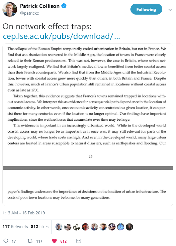 See this tweet from Patrick Collison on the geographic stickiness of Economic Networks established under a Feudal system