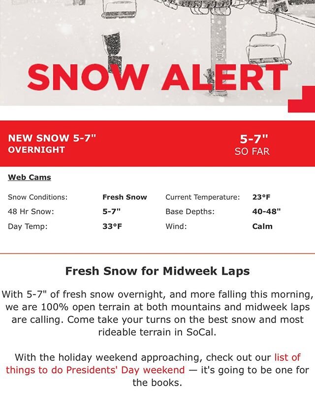 Wow, huge snow storm Sunday in Big Bear with 5-7&rdquo;! Should be a good start to Valentine&rsquo;s Day and President&rsquo;s Day holiday 😍☃️