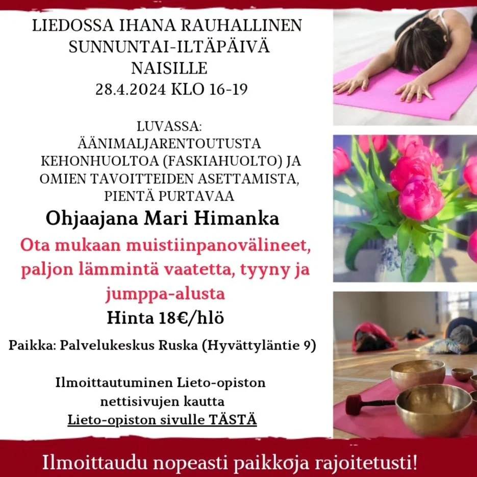 Huhtikuussa tulossa jotain ihanaa! 

Oman mielen ja kehon &auml;&auml;rell&auml; menn&auml;&auml;n. Paikkoja rajoitetusti. Ilmoittaudu sin&auml;kin mukaan  Lieto-opiston nettisivuilta
www.lieto-opisto.fi

#lieto-opisto #kehonhuolto #iltap&auml;iv&aum