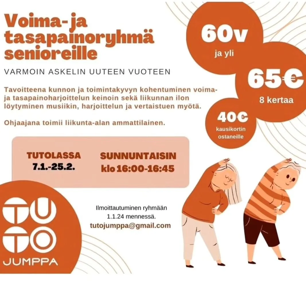 @tutojumppa Turussa (Sep&auml;nkatu 5) j&auml;rjest&auml;&auml; tammikuusta alkaen kahdeksan kerran liikuntakurssin seniori-ik&auml;isille. 

Jos vain v&auml;h&auml;nkin on ajatuksissa saada kuntoa kohoamaan, niin t&auml;ss&auml; on nyt oiva mahdolli