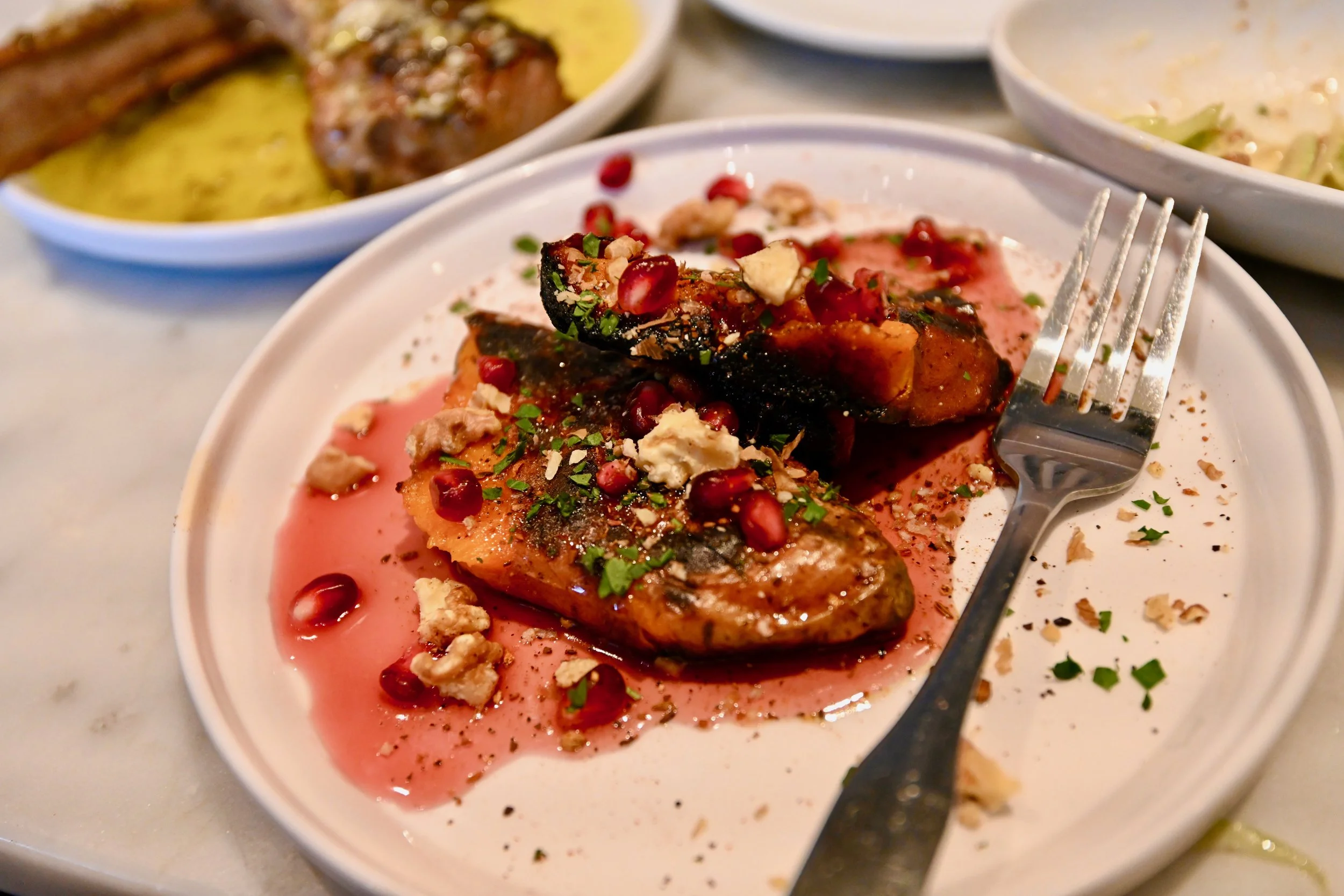 The piece de la resistance! Roasted sweet potatoes with pomegranate honey, toasted walnuts and hibiscus harissa.