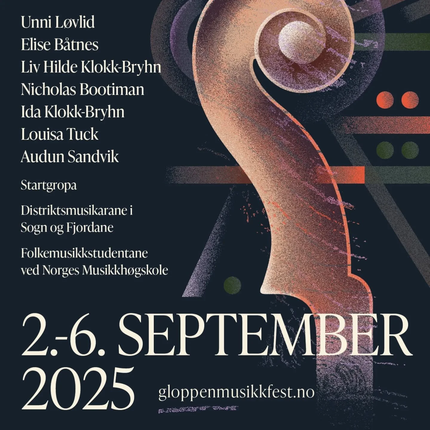 FESTIVAL 2025

Vi kan stolte presentere &aring;rets festivalmusikarar
og programmet for hovudkonsertane!

V&aring;re kunstnarlege leiarar Audun Sandvik og Ida Klokk-Bryhn har saman med gjestekurator Unni L&oslash;vlid sett saman er variert, vakkert o