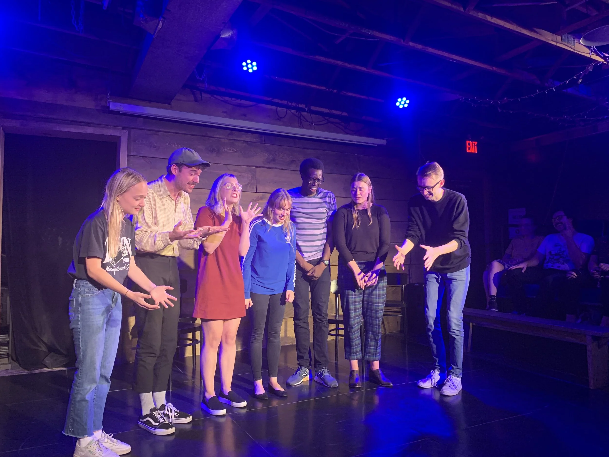 The full cast of Liked. on stage during a funeral scene. (CanCulture/Alexander Sowa)