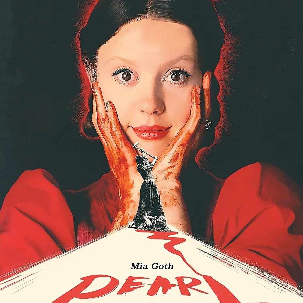  Poster from the movie, pearl: Woman holding her face with blood-covered hands 