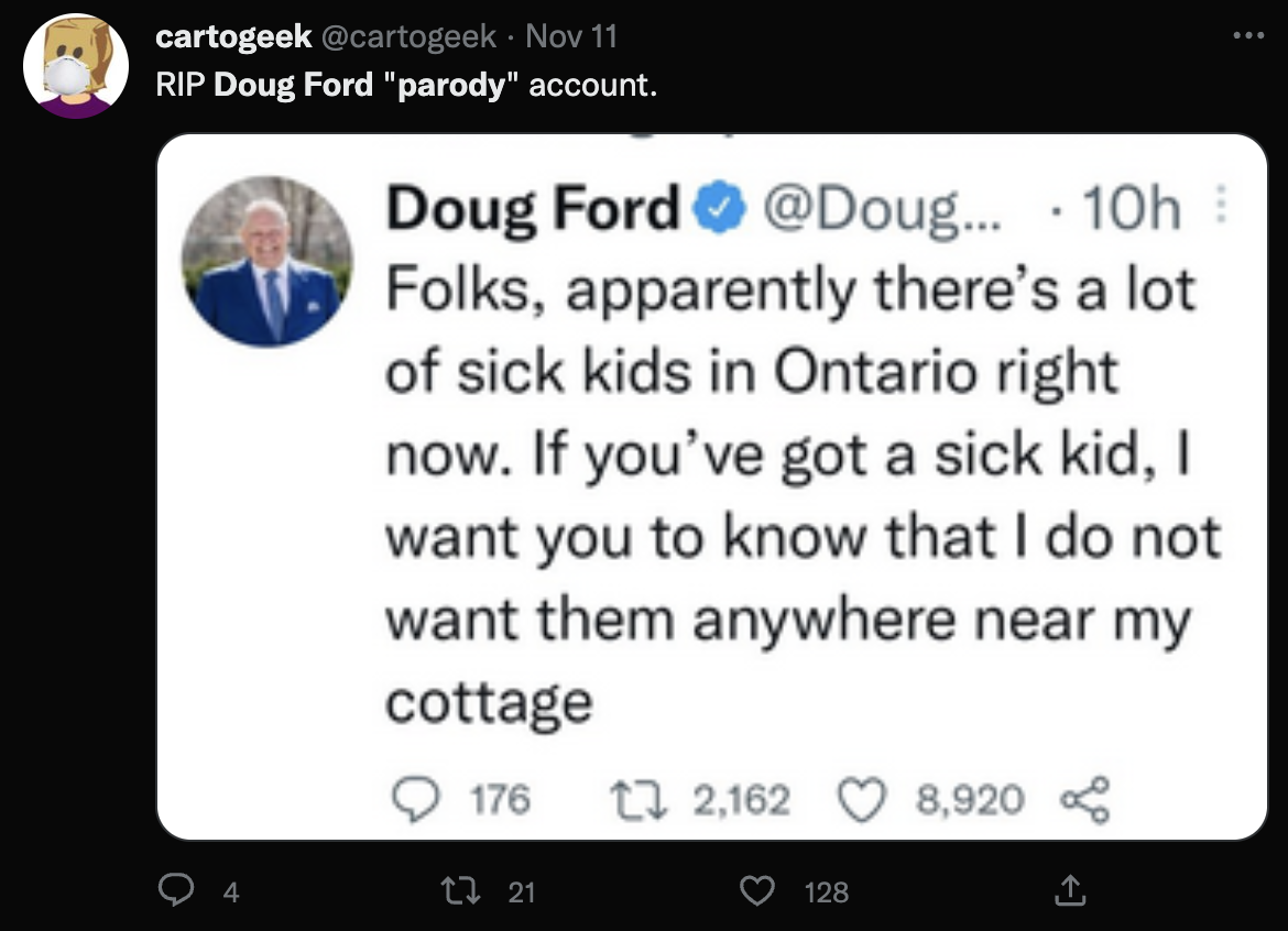 A parody of Ontario Premier Doug Ford satirized the government’s response to rising RSV cases. (cartogeek via Twitter)