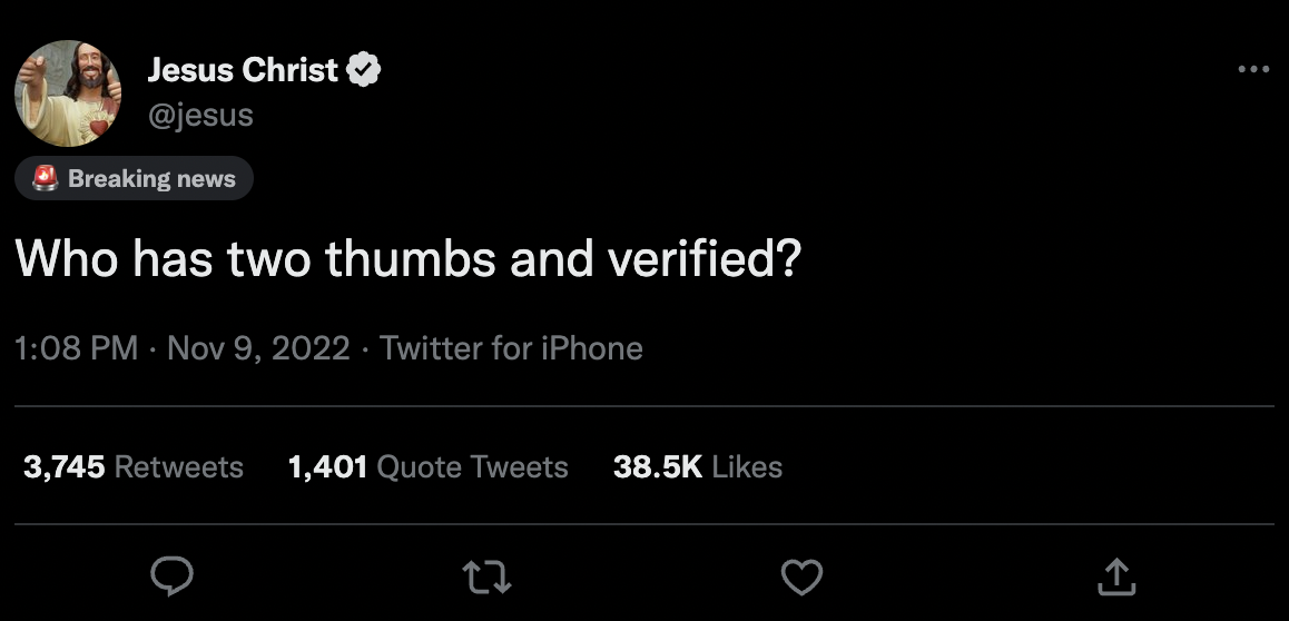 A parody account called Jesus Christ is still verified on Twitter as of Nov. 17, 2022. (Jesus via Twitter)