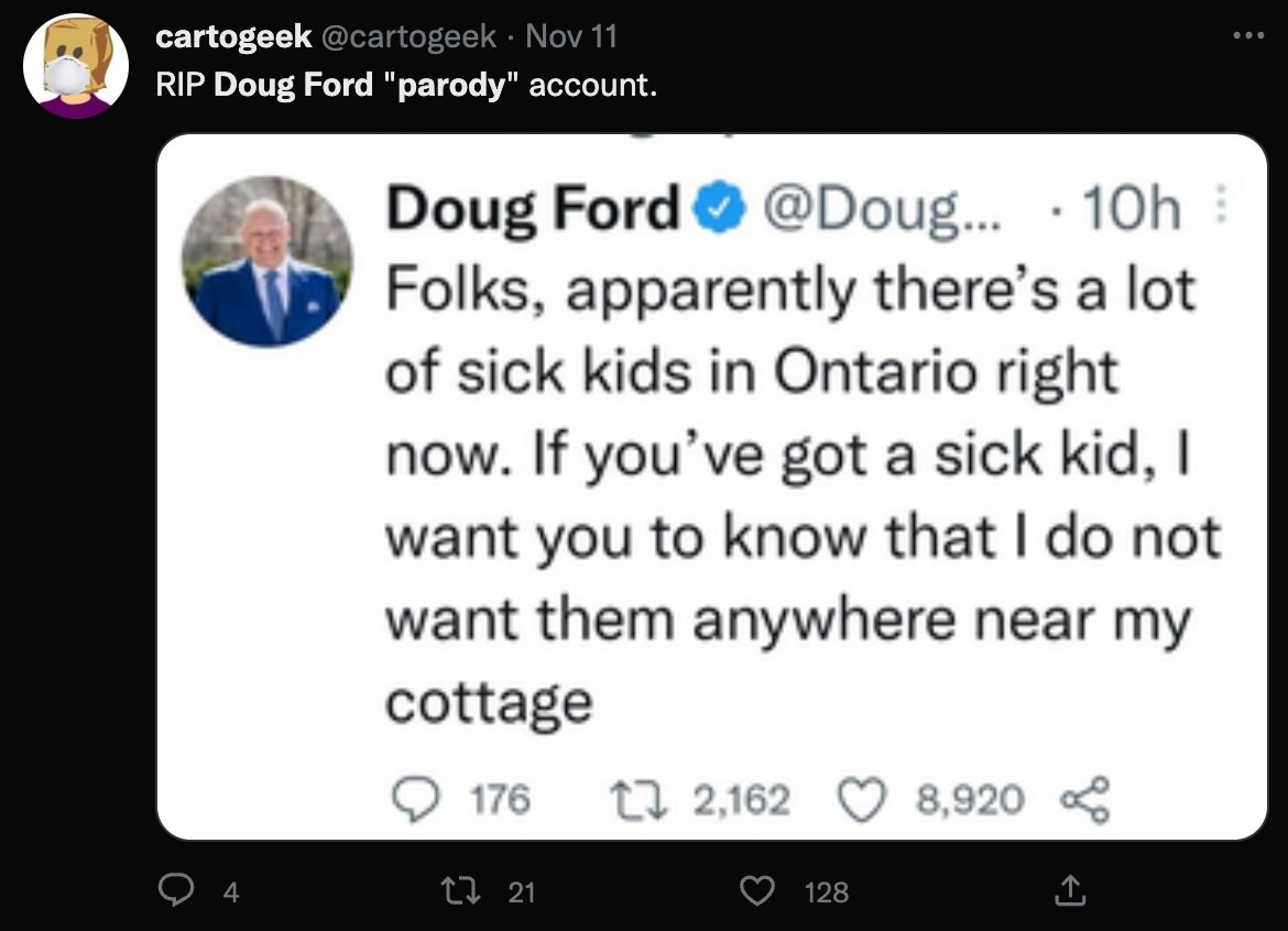 A parody of Ontario Premier Doug Ford satirized the government’s response to rising RSV cases. (cartogeek via Twitter) (Copy)