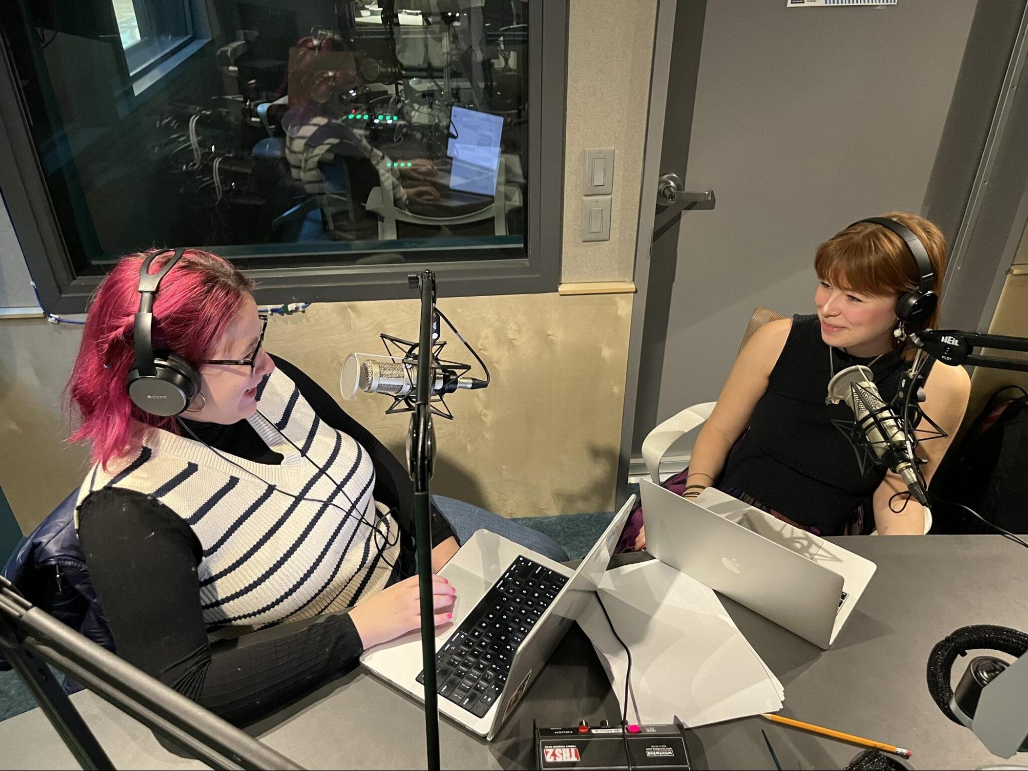 Mariana Schuetze and Mia Johnson have been working on this project since mid-October. One of the final recordings was done in the Allan Slaight Radio Institute at The Creative School at TMU. (Angela Glover/TMU) 