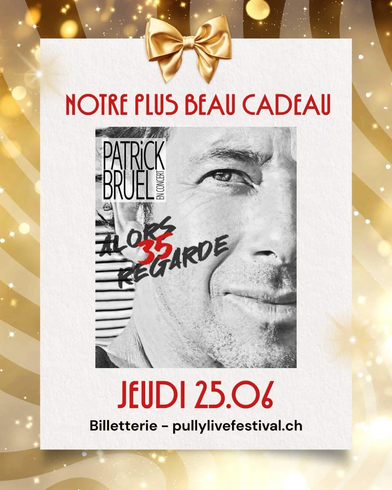 🎁 Notre plus beau cadeau de No&euml;l&hellip; Patrick au Pully Live Festival pour chanter ses plus grandes succ&egrave;s ✨

Un concert &eacute;v&eacute;nement pour c&eacute;l&eacute;brer les 35 ans de l&rsquo;album &laquo;&nbsp;Alors Regarde&nbsp;&r