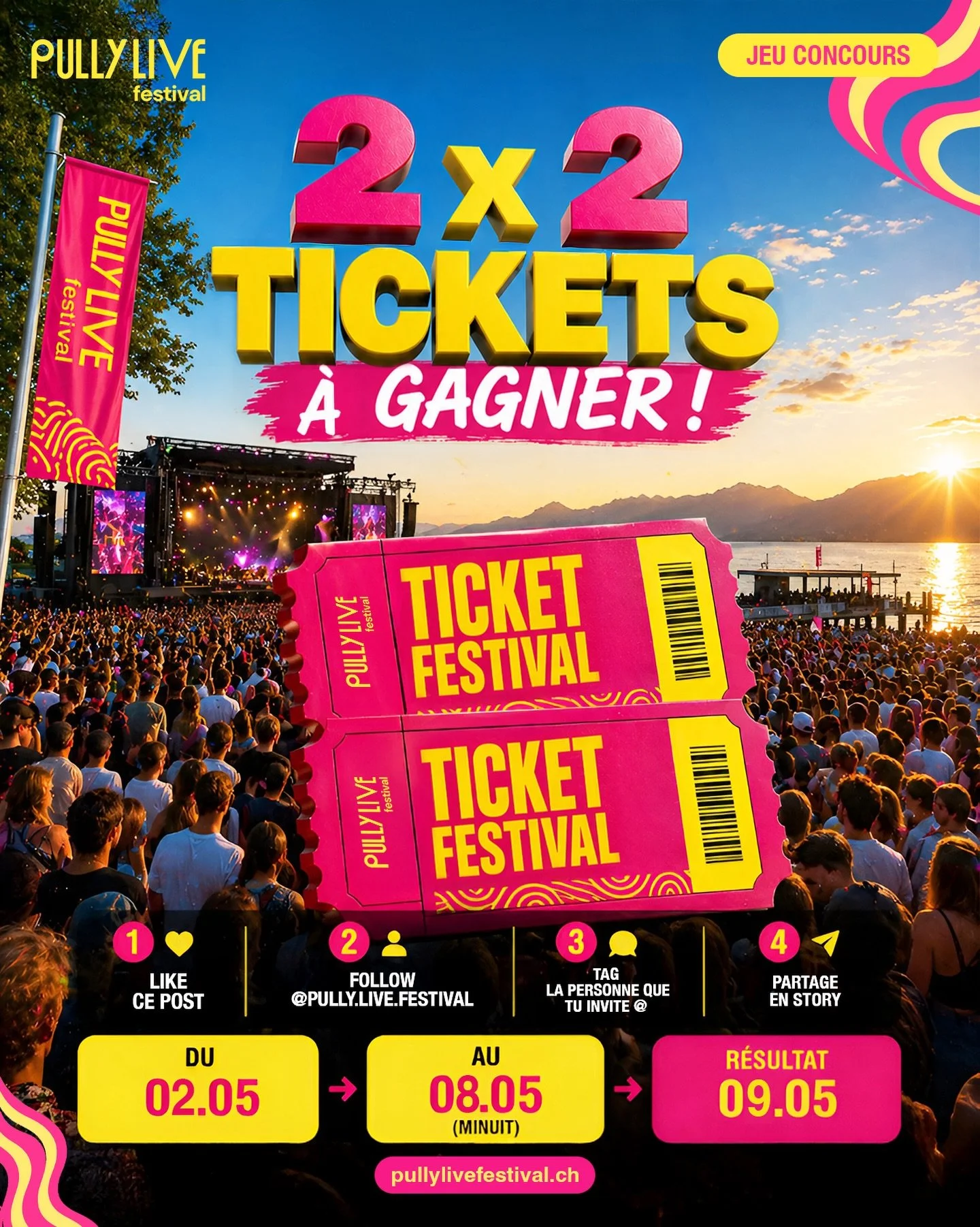 🎉 JEU CONCOURS &ndash; PULLY LIVE FESTIVAL 🎉

🔥 2x2 TICKETS &Agrave; GAGNER 🔥

Tente ta chance pour vivre une soir&eacute;e de folie au bord du lac avec une ambiance incroyable 🌅🎶

👉 Pour participer :
1️⃣ Like ce post ❤️
2️⃣ Follow @pullylive.